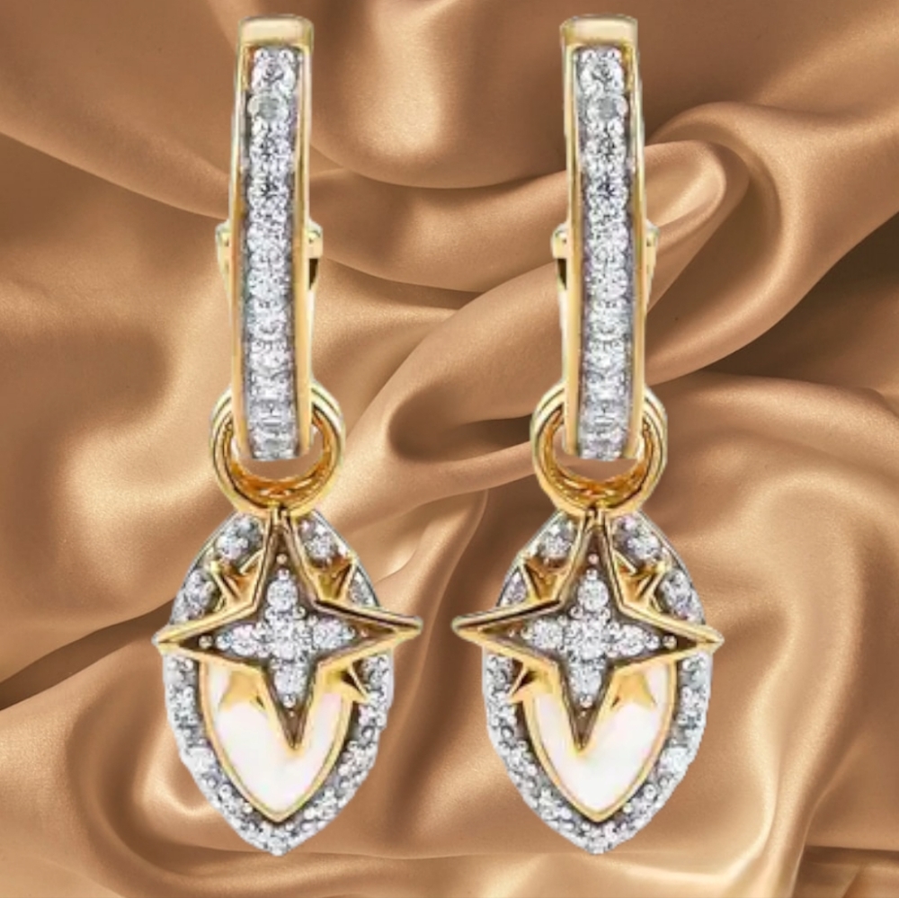NWT WHITE ZIRCON STAR BURST & EVIL EYE CHARM EARRINGS 14KYG OVER STERLING SILVER